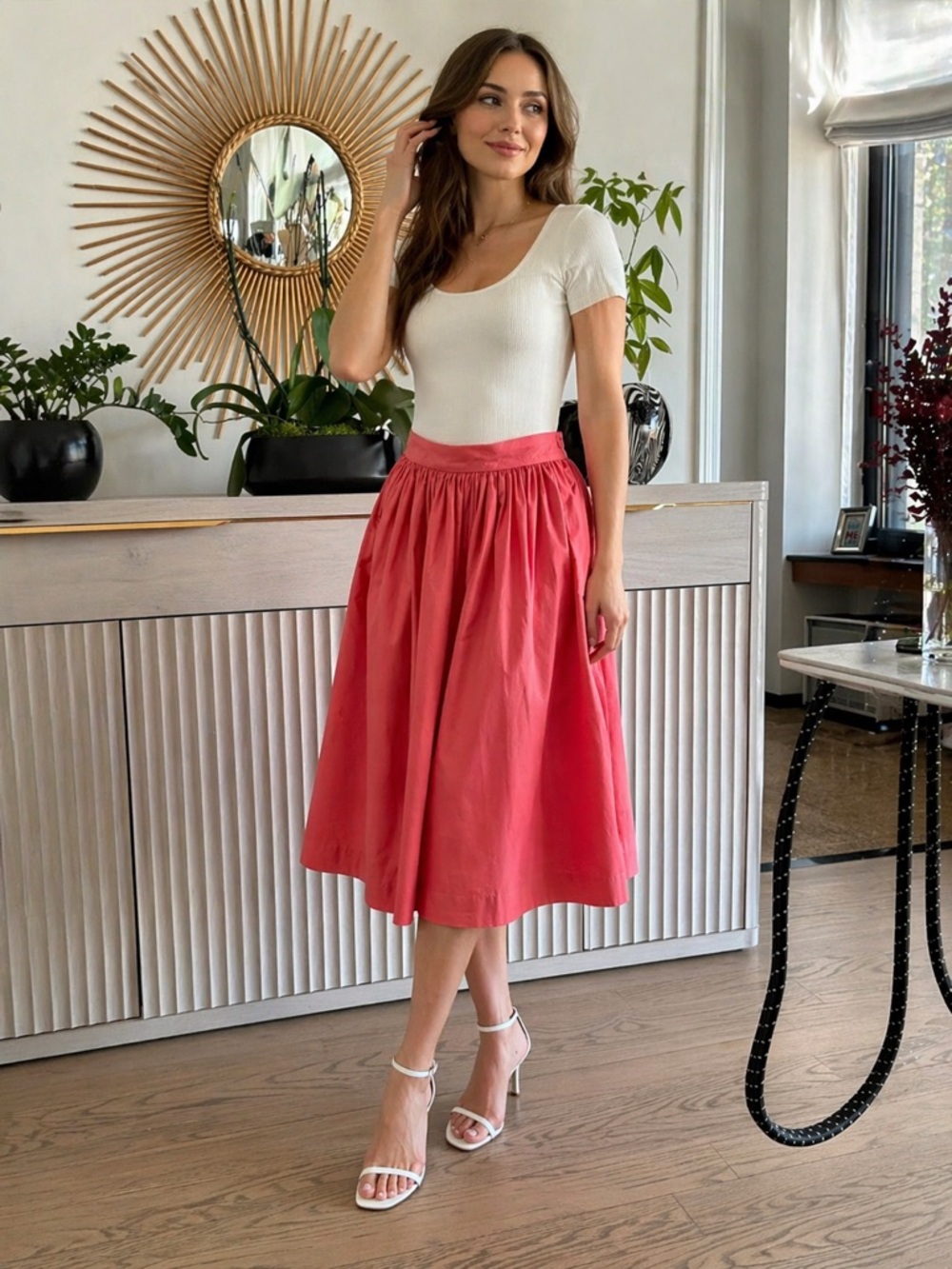 Dries Van Noten Coral Red Gathered Midi Skirt
